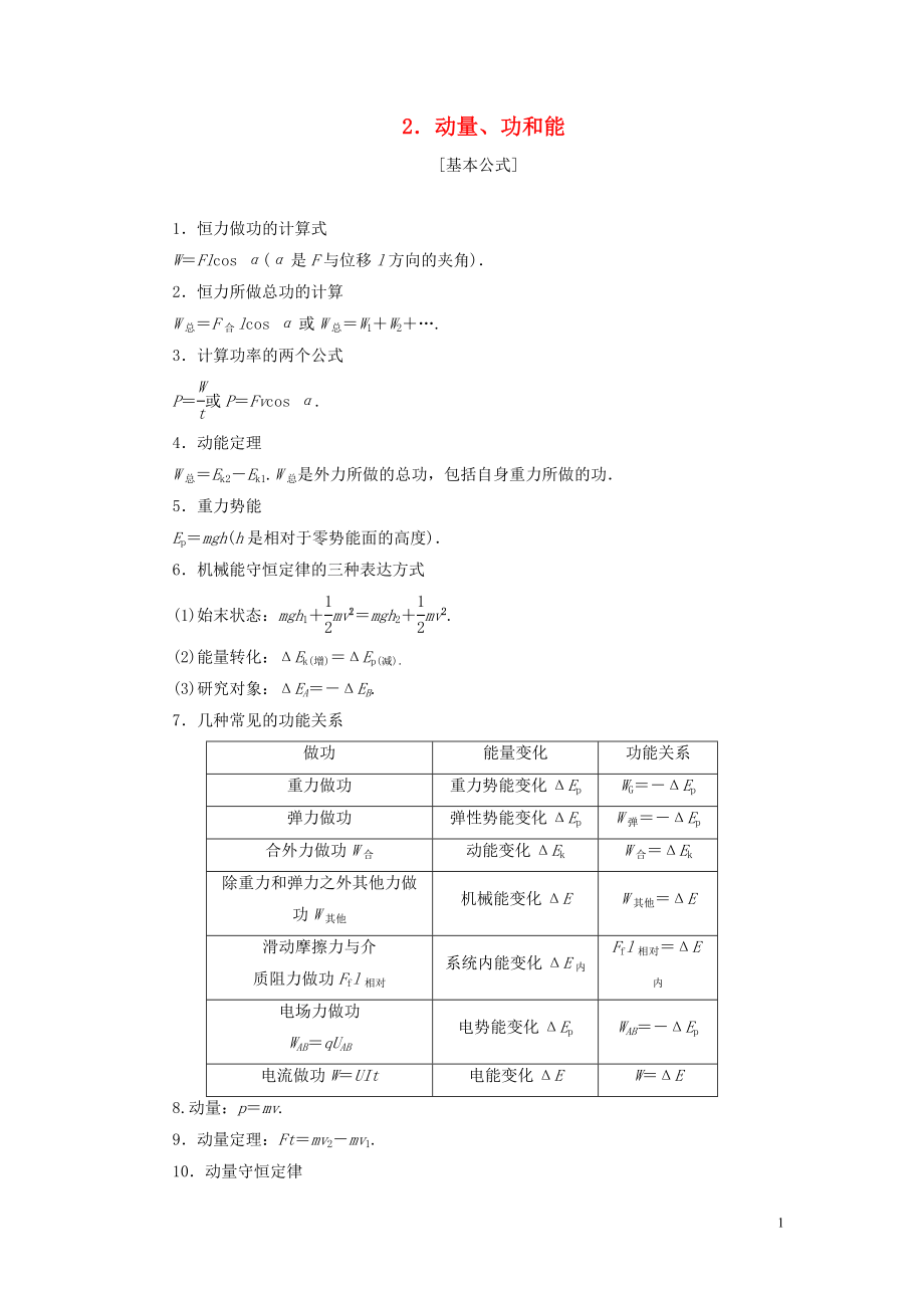 2019高考物理總復(fù)習(xí) 提分策略一 臨考必記2 動量、功和能學(xué)案_第1頁