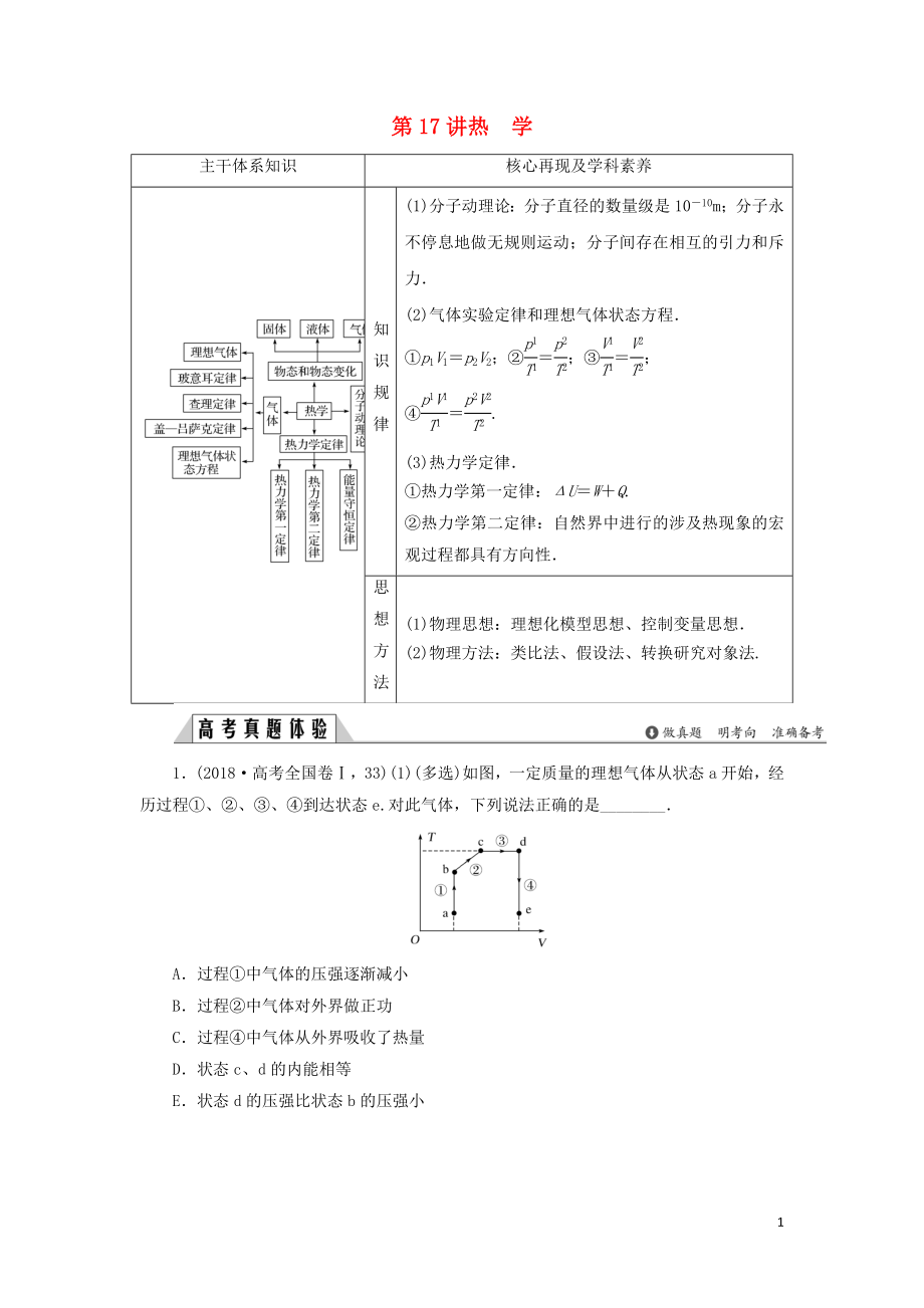 2019版高考物理二輪復(fù)習(xí) 專題七 選考部分 第17講 熱學(xué)學(xué)案_第1頁