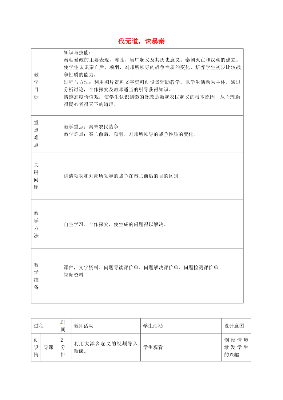 內(nèi)蒙古通遼市科左中旗寶龍山中學(xué)七年級(jí)歷史上冊(cè)第11課伐無(wú)道誅暴秦教學(xué)案無(wú)答案新人教版_第1頁(yè)