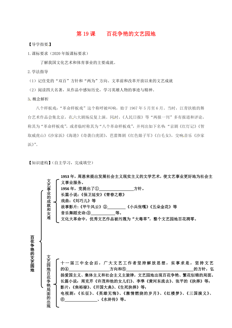 四川省金堂縣八年級(jí)歷史下冊(cè)第19課百花爭(zhēng)艷的文藝園地導(dǎo)學(xué)案無答案川教版通用_第1頁(yè)