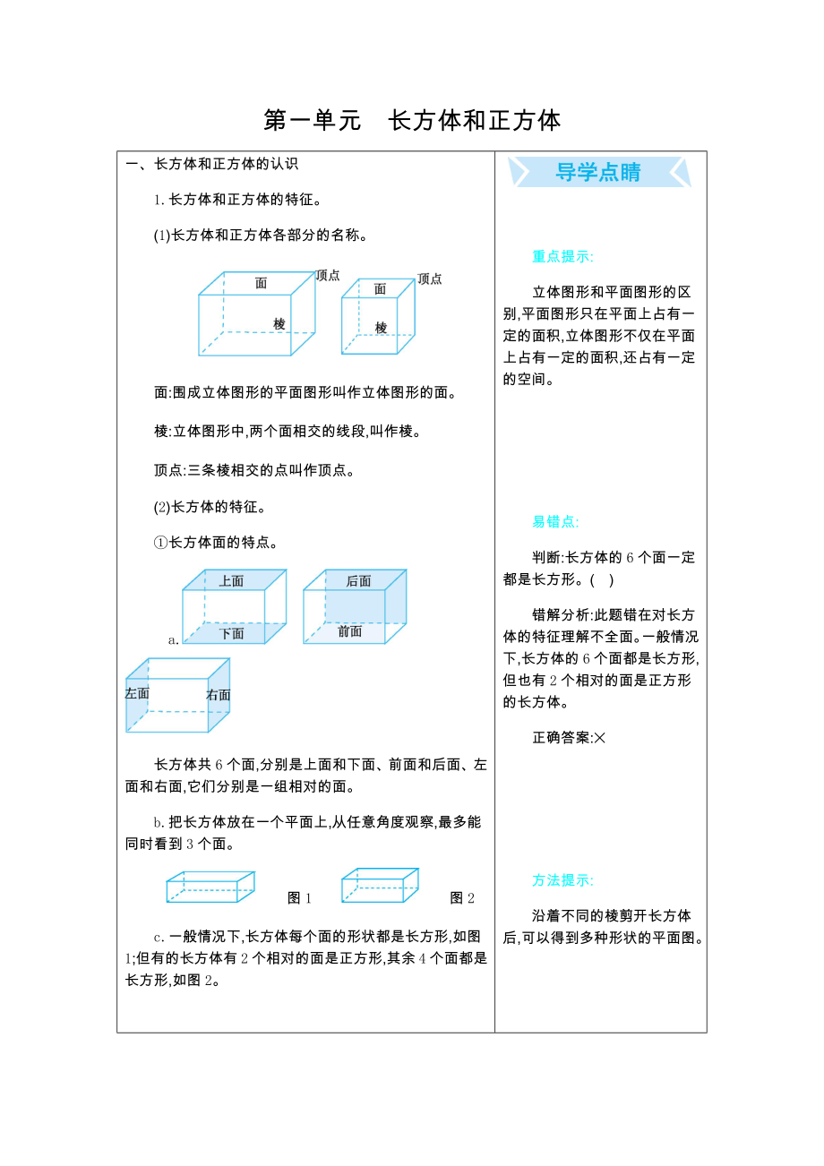 五年級(jí)下冊(cè)數(shù)學(xué)知識(shí)點(diǎn)總結(jié)第一單元　長(zhǎng)方體和正方體　 北京版(2014秋)_第1頁