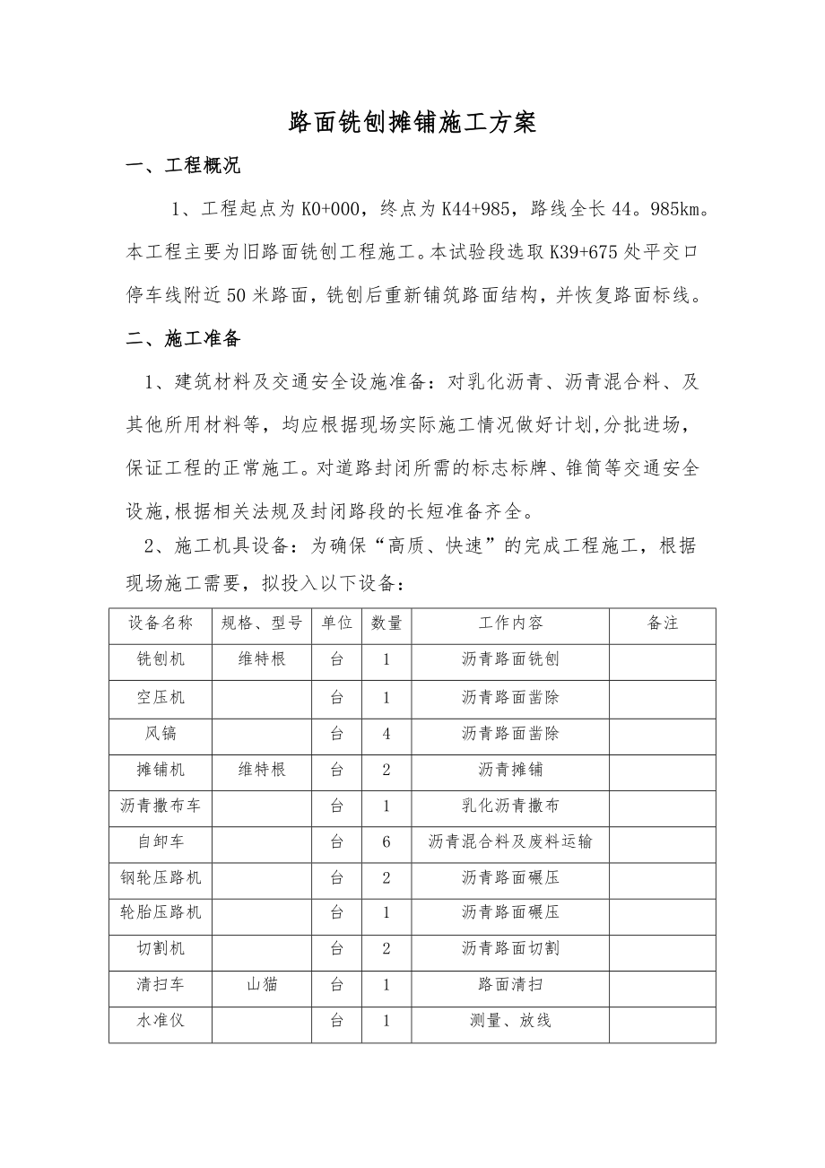 路面铣刨摊铺施工方案_第1页