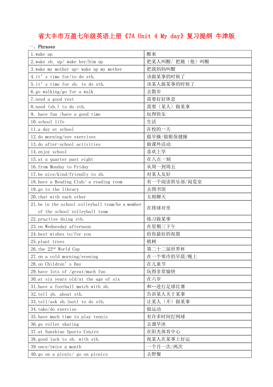 大豐市萬盈二中七年級(jí)英語上冊(cè)《7AUnit4Myday》復(fù)習(xí)提綱牛津_第1頁