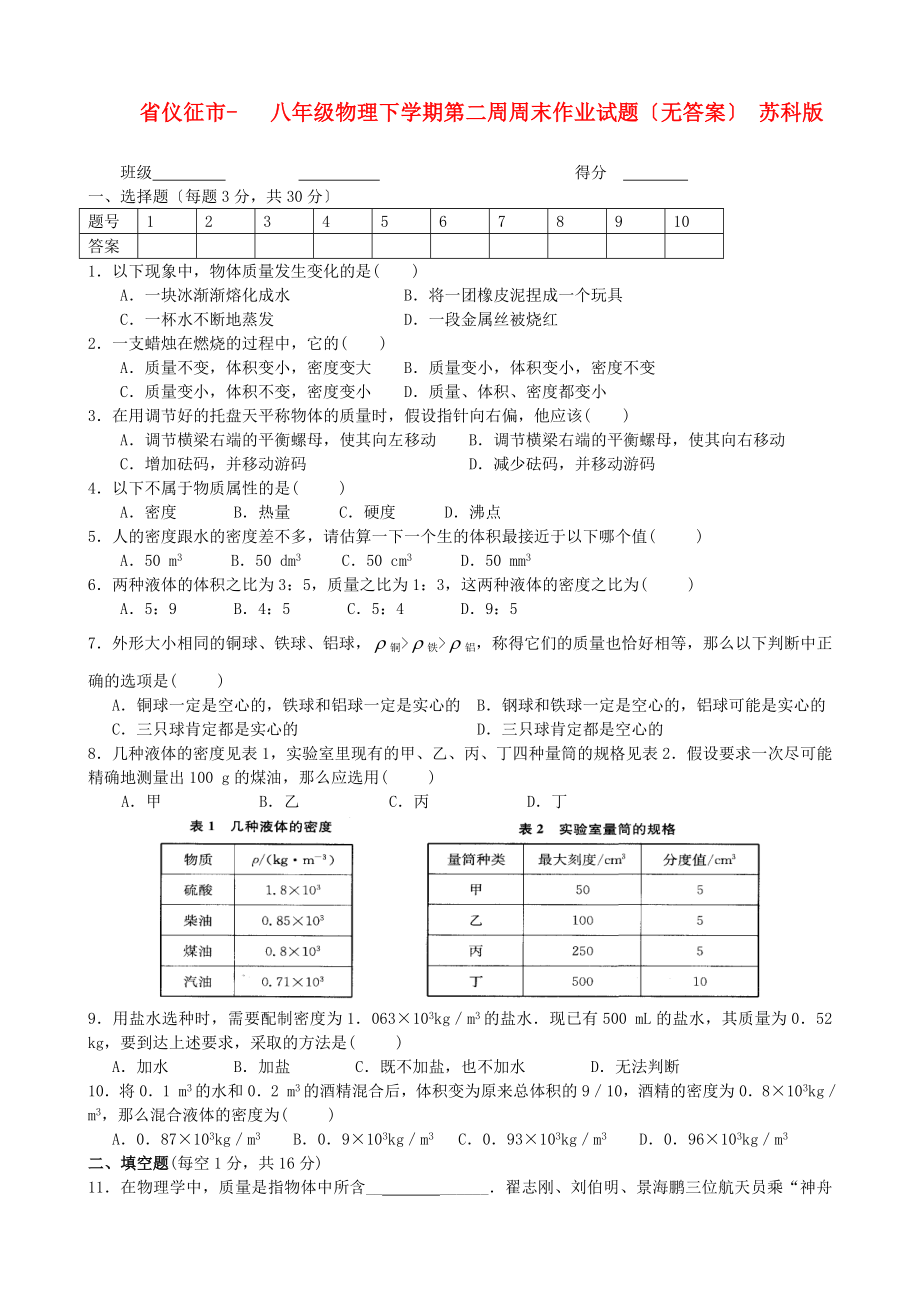 （整理版）仪征市第三八年级物理下学期第二周周末作业_第1页