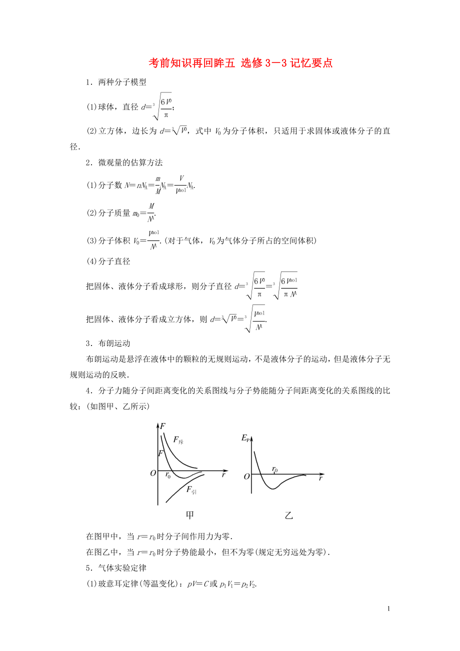 （新課標）2020版高考物理大二輪復習 考前知識再回眸五 選修3-3記憶要點教學案_第1頁