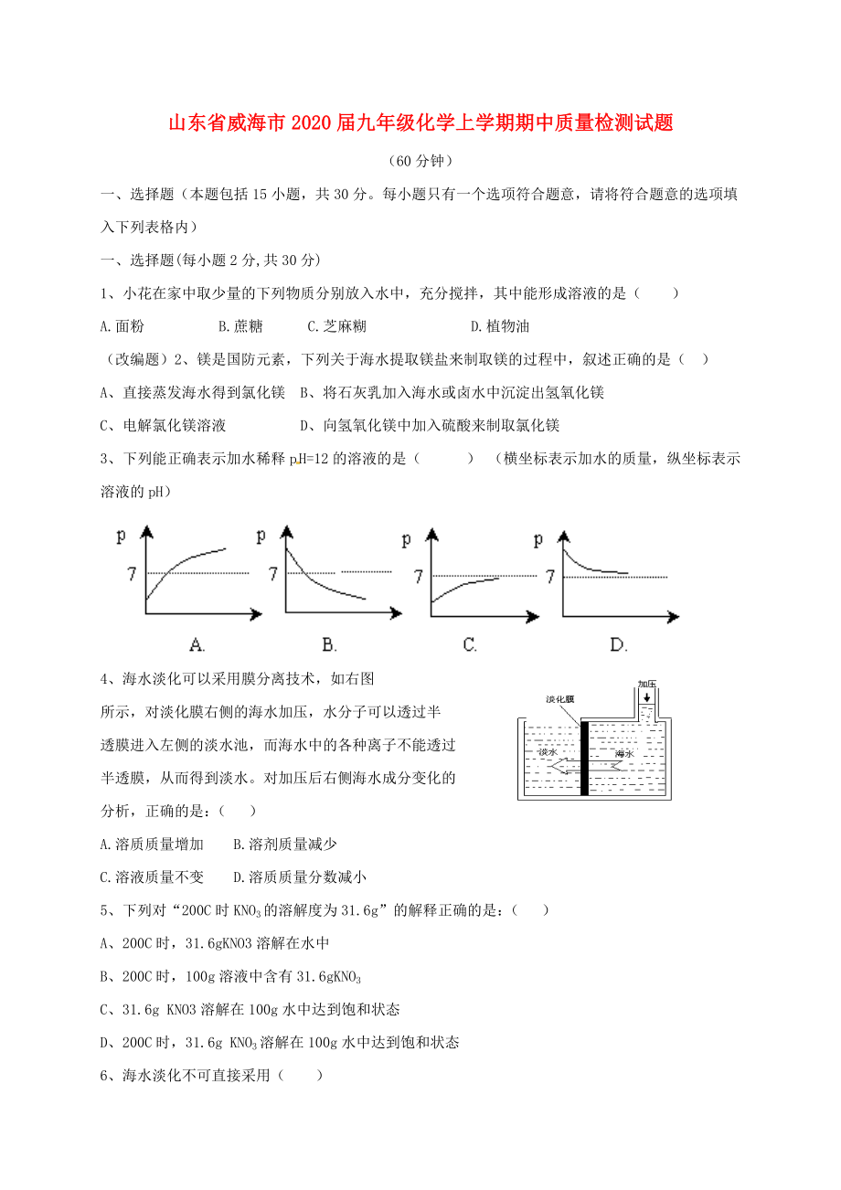 山东省威海市九年级化学上学期期中质量检测试题鲁教版五四制_第1页