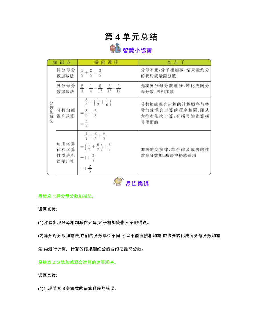 五年級下冊數(shù)學(xué)素材資料 第4單元分?jǐn)?shù)加減法復(fù)習(xí) 西師大版(2014秋)_第1頁