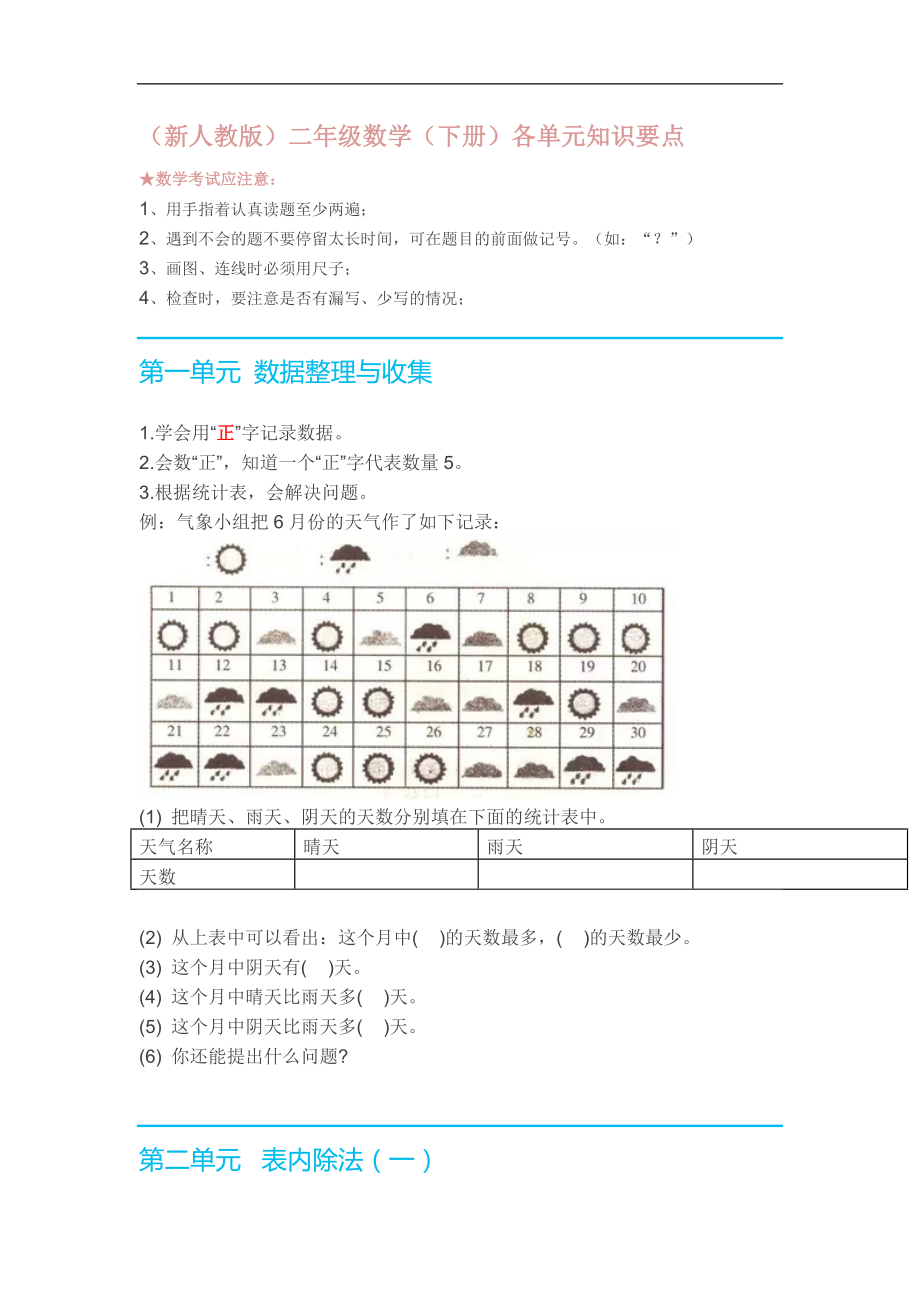 (新人教版)二年级数学(下册)各单元知识要点_第1页