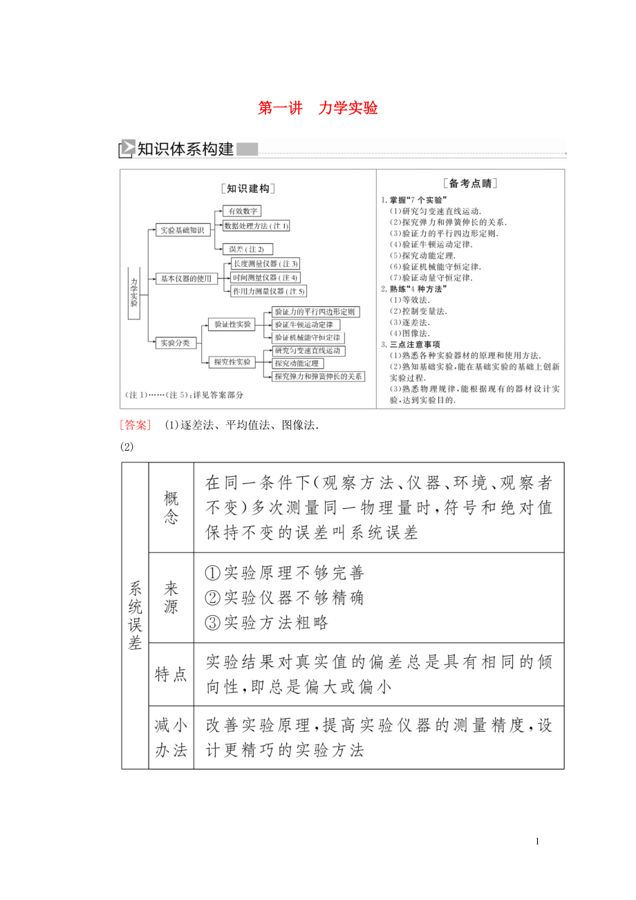 （新課標）2020版高考物理大二輪復(fù)習 專題七 物理實驗 第一講 力學實驗教學案_第1頁