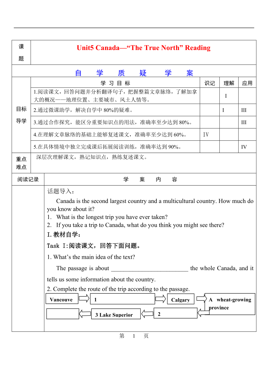 2016年高中英語 Unit 5　Canada The True North Reading學案 新人教版必修3_第1頁