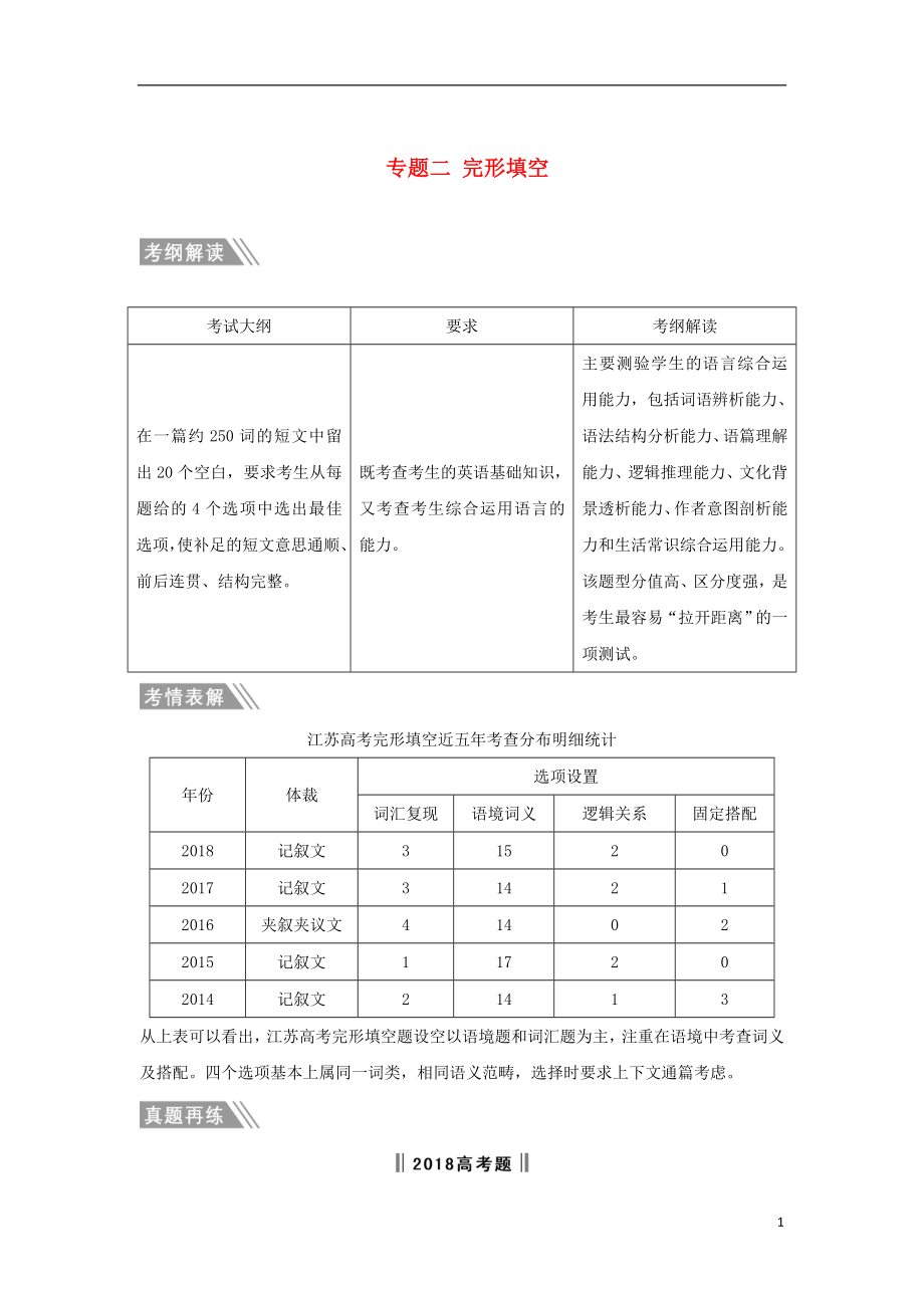 （江苏专用）2019高考英语二轮培优复习 专题二 完形填空习题_第1页