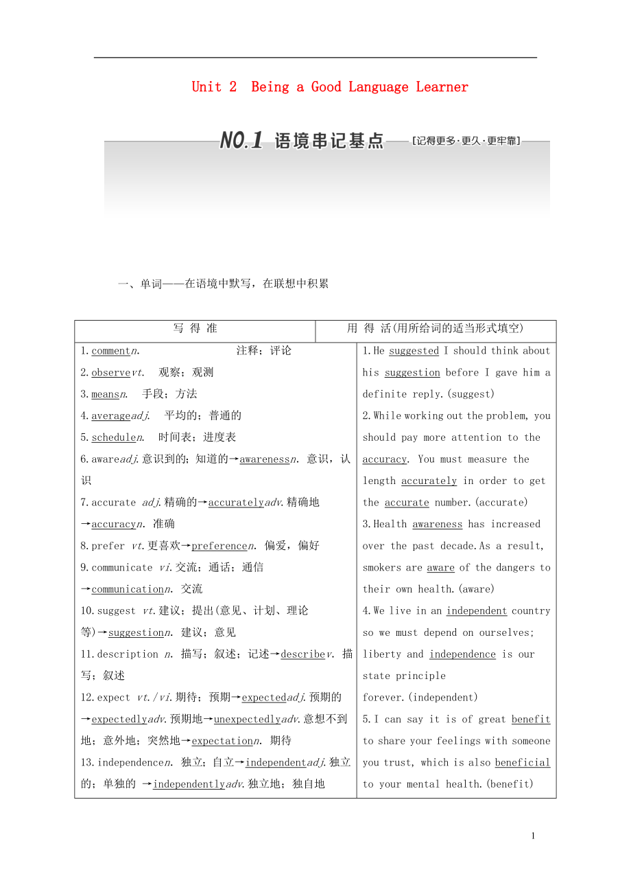 2018屆高考英語一輪復習 Unit 2 Being a Good Language Learner學案 重慶大學版必修1_第1頁