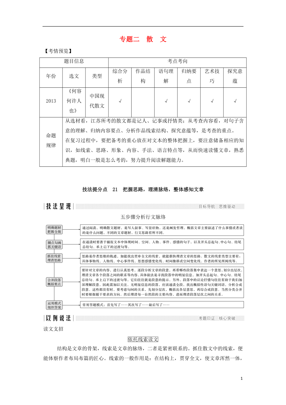 （江蘇專用）2019高考語文二輪培優(yōu) 第二部分 古代詩(shī)文閱讀 專題二 散文 技法提分點(diǎn)21 把握思路理清脈絡(luò)整體感知文章_第1頁