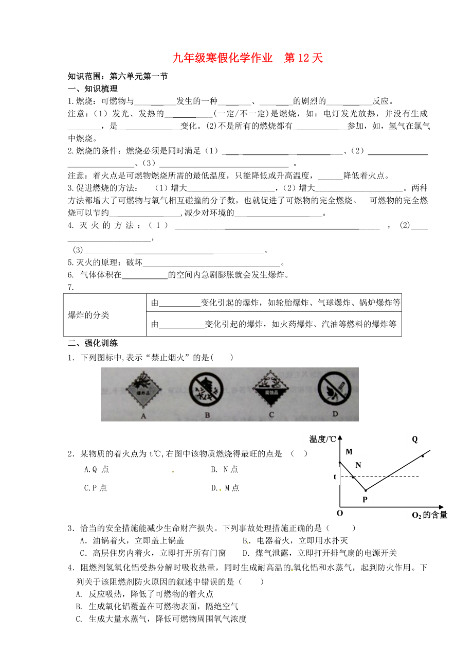 山東省濟南市長清區(qū)雙泉中學九年級化學上學期寒假作業(yè)第12天無答案魯教版_第1頁