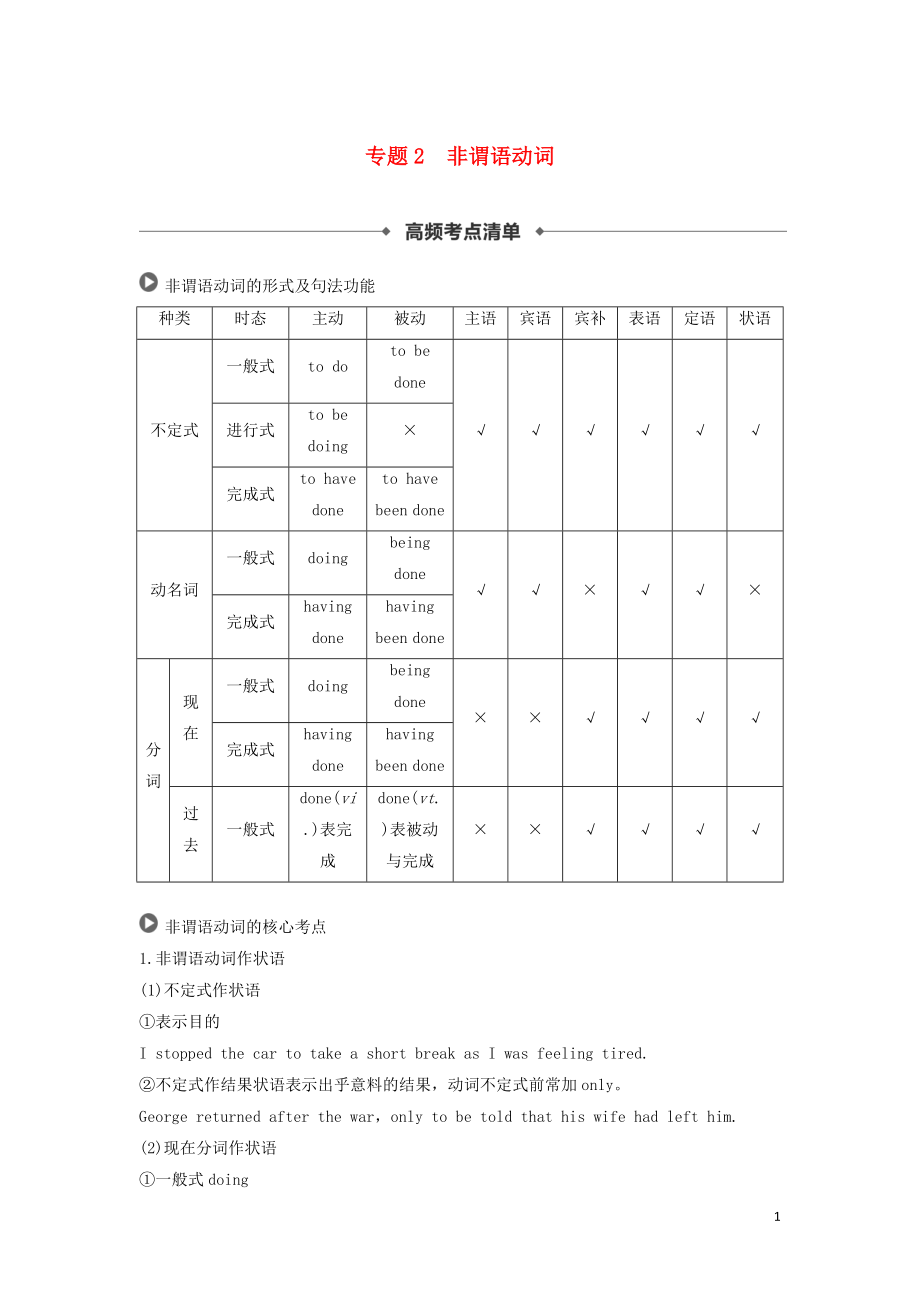 2019高考英語 語法突破四大篇 第一部分 專題2 非謂語動(dòng)詞講義_第1頁