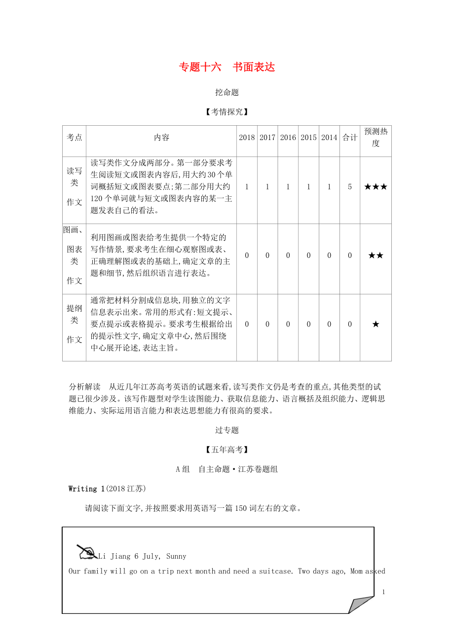 （5年高考3年模拟A版）江苏省2020年高考英语总复习 专题十六 书面表达学案（含解析）_第1页