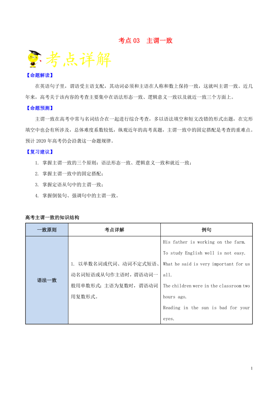 備戰(zhàn)2020年高考英語 考點(diǎn)一遍過 考點(diǎn)03 主謂一致（含解析）_第1頁