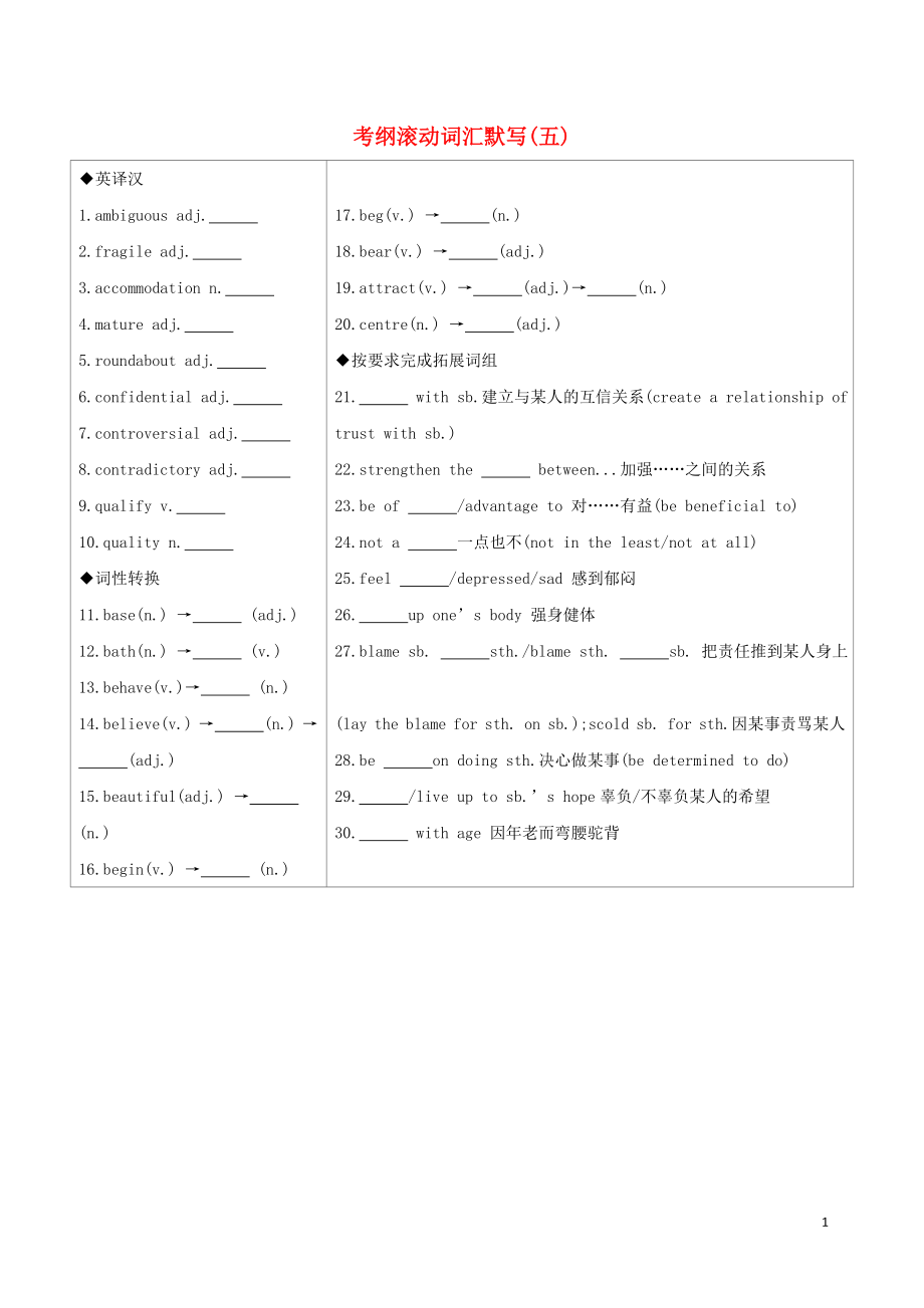 （江蘇專用）2020版高考英語 考前沖刺 第二篇 考前20天滾動詞匯考綱滾動詞匯默寫（五）學案 新人教版_第1頁