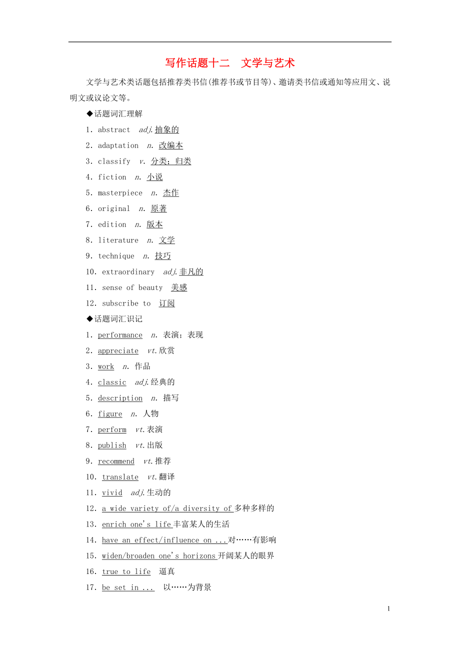 2019版高考英語一輪復(fù)習(xí) 寫作話題 12 文學(xué)與藝術(shù) 新人教版_第1頁