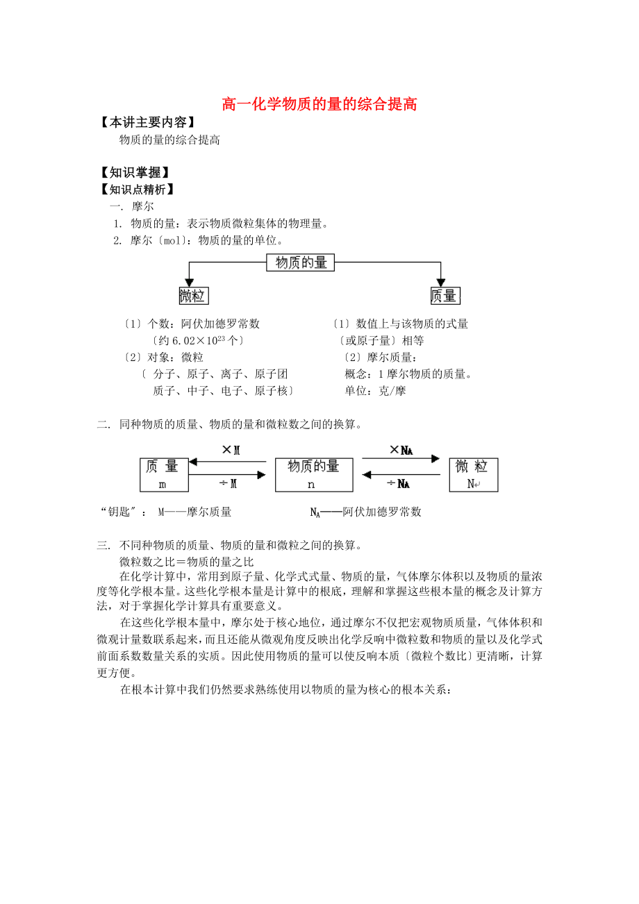 高一化學(xué) 物質(zhì)的量 綜合提高 知識(shí)精講_第1頁(yè)