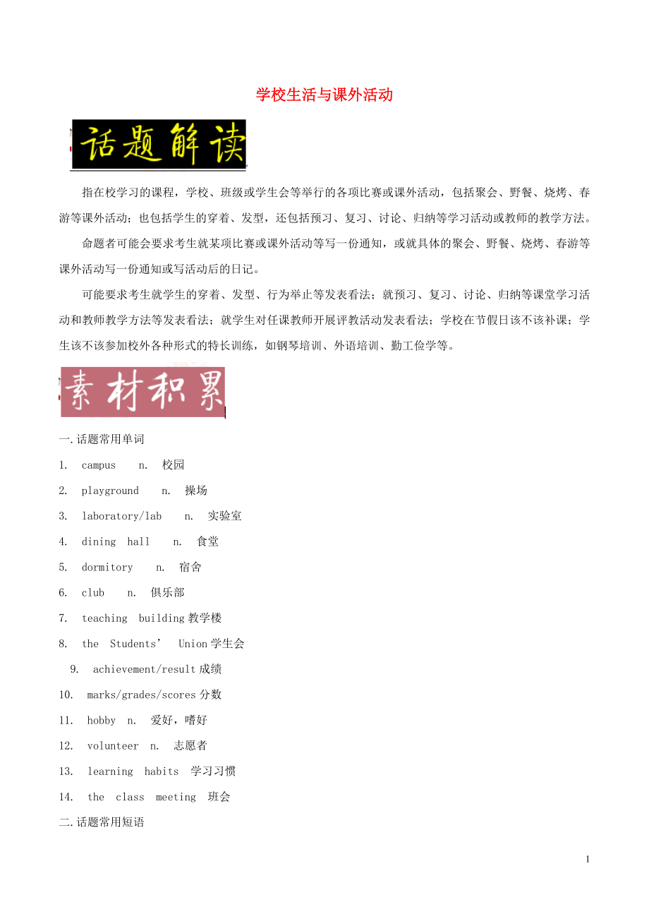 備戰(zhàn)2018年高考英語一輪復(fù)習(xí) 書面表達(dá)?？妓夭乃儆?話題01 學(xué)校生活與課外活動(dòng)（含解析）_第1頁