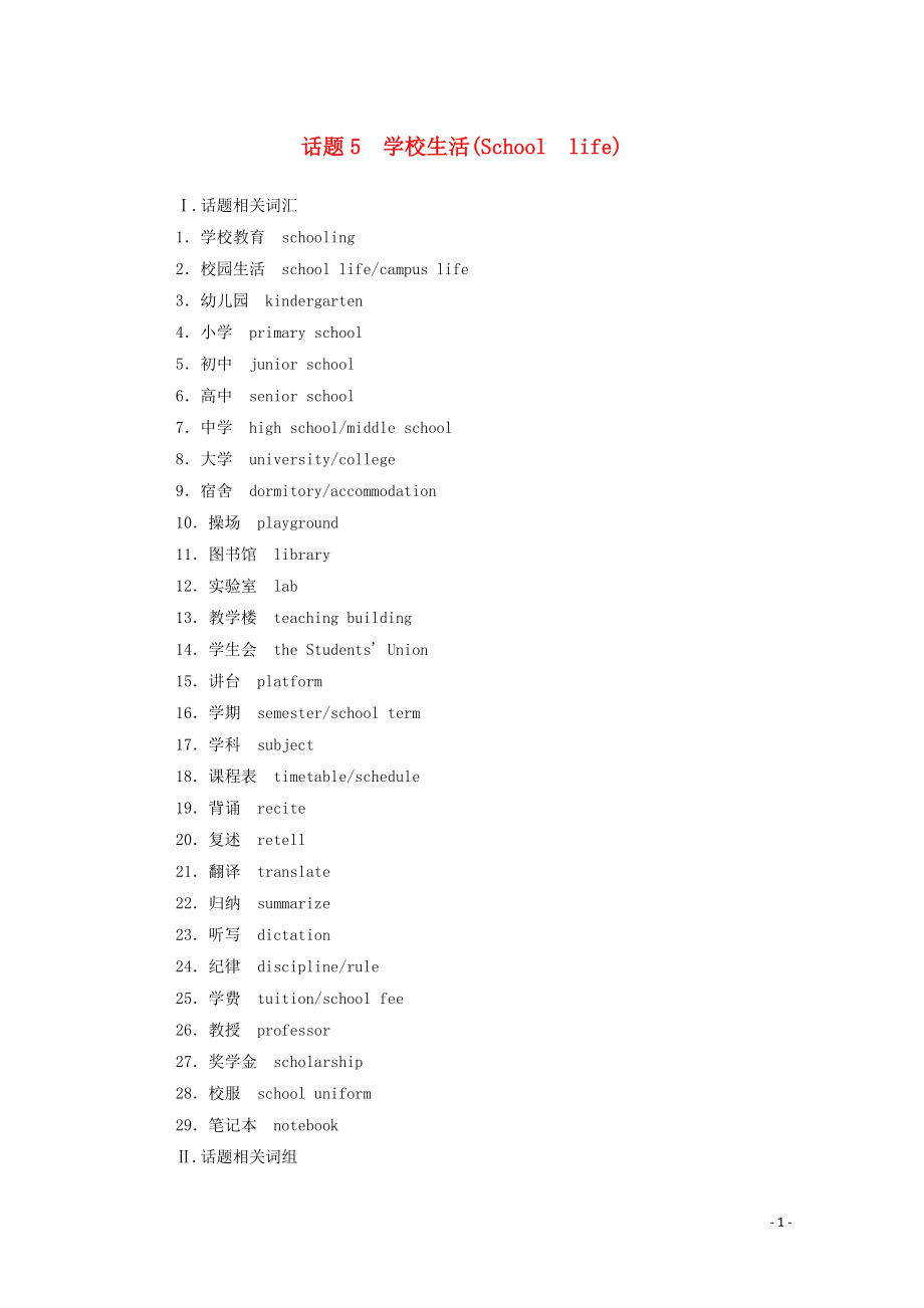 2019-2020年高考英語學業(yè)水平測試一輪復習 第一部分 話題5 學校生活（School life）練習（含解析）_第1頁