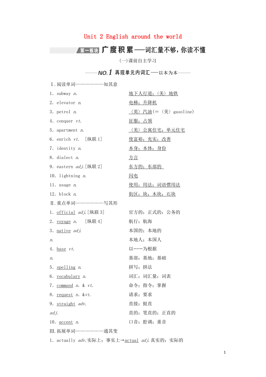 （新課改）2020高考英語(yǔ)一輪復(fù)習(xí) Unit 2 English around the world學(xué)案（含解析）新人教版必修1_第1頁(yè)