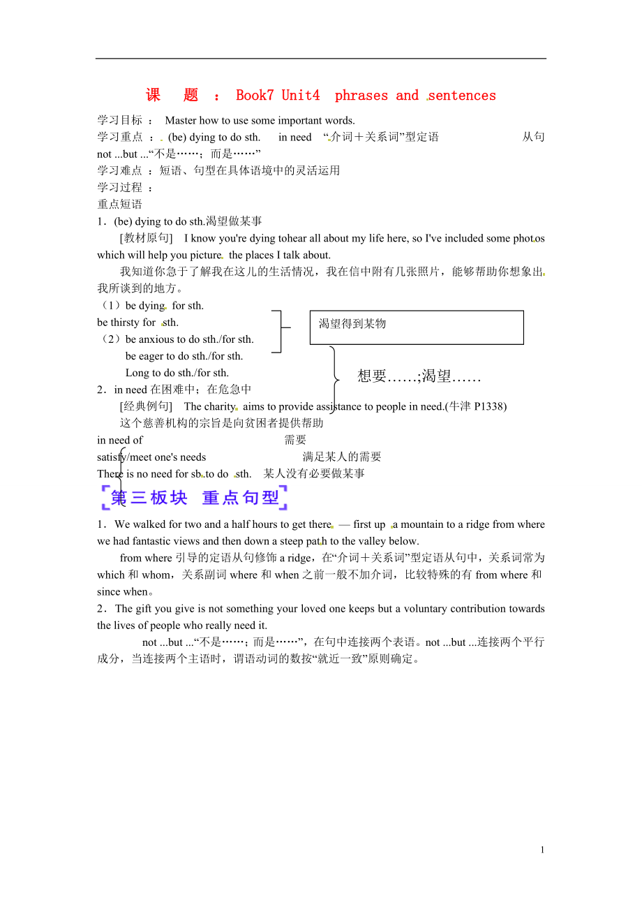 河北省撫寧縣第六中學(xué)2013-2014學(xué)年高二英語 Book7 Unit4 phrases and sentences學(xué)案_第1頁