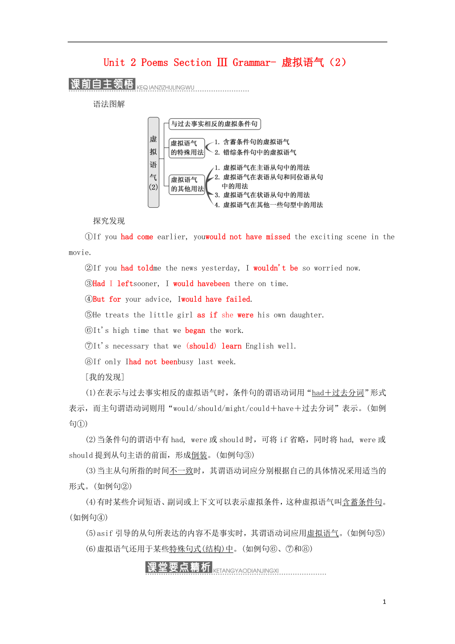 2017-2018學(xué)年高中英語(yǔ) Unit 2 Poems Section Ⅲ Grammar- 虛擬語(yǔ)氣（2）教學(xué)案 新人教版選修6_第1頁(yè)