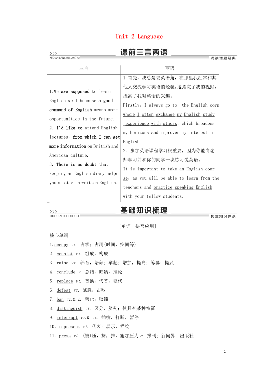 （江蘇專用）2021版新高考英語一輪復(fù)習(xí) Unit 2 Language教學(xué)案 牛津譯林版必修3_第1頁