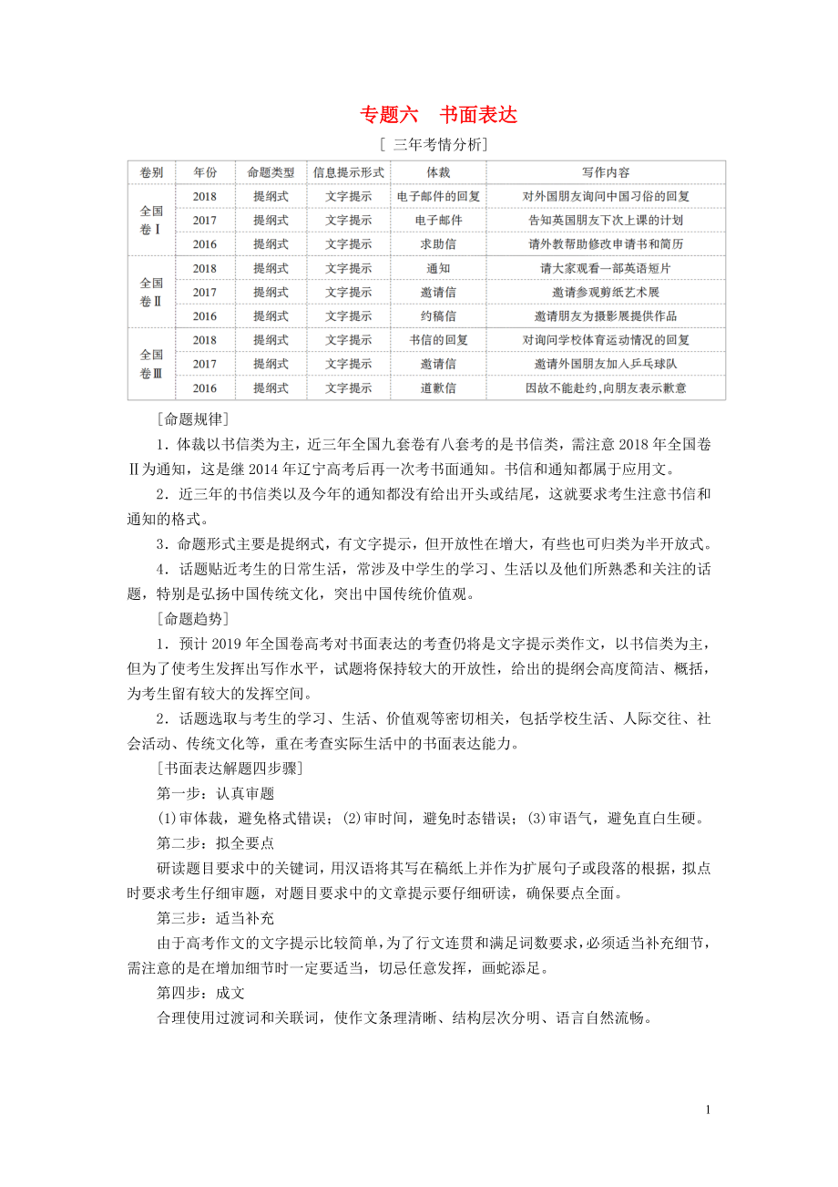 2019版高考英語(yǔ)二輪復(fù)習(xí) 第3板塊 專題6 書(shū)面表達(dá)學(xué)案（含解析）_第1頁(yè)