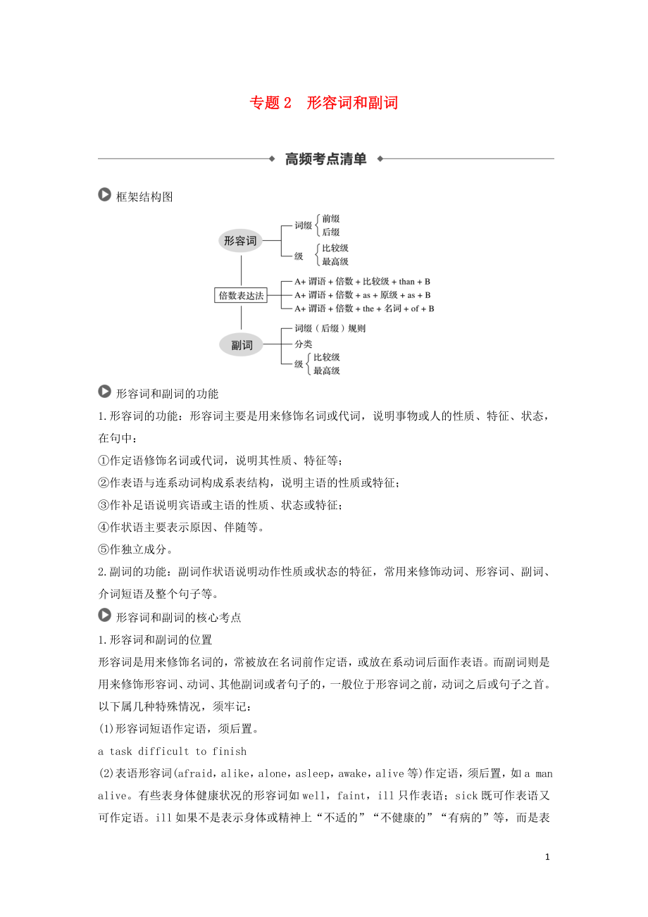 2019高考英語 語法突破四大篇 第二部分 專題2 形容詞和副詞講義_第1頁