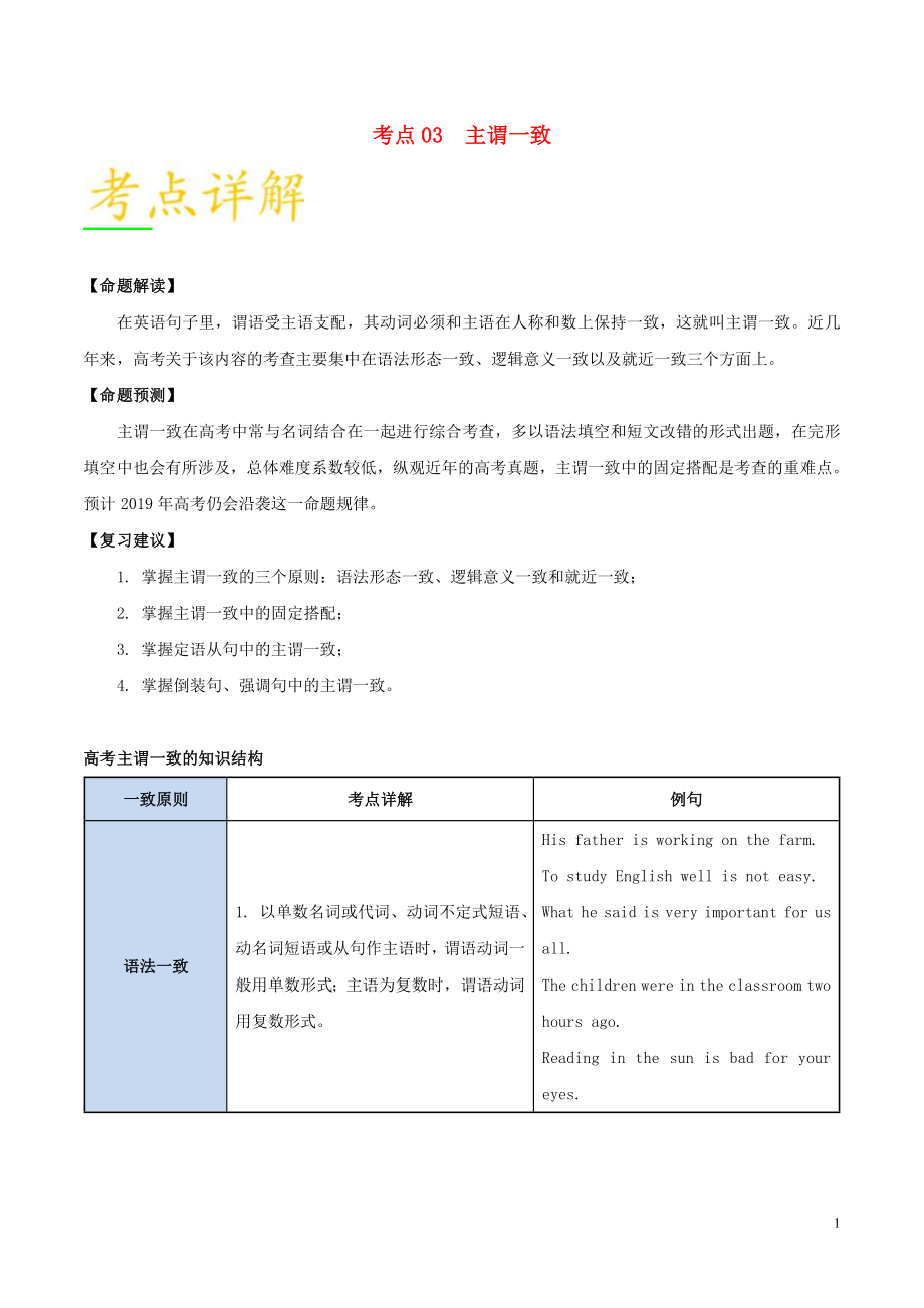 備戰(zhàn)2019年高考英語 考點一遍過 考點03 主謂一致（含解析）_第1頁