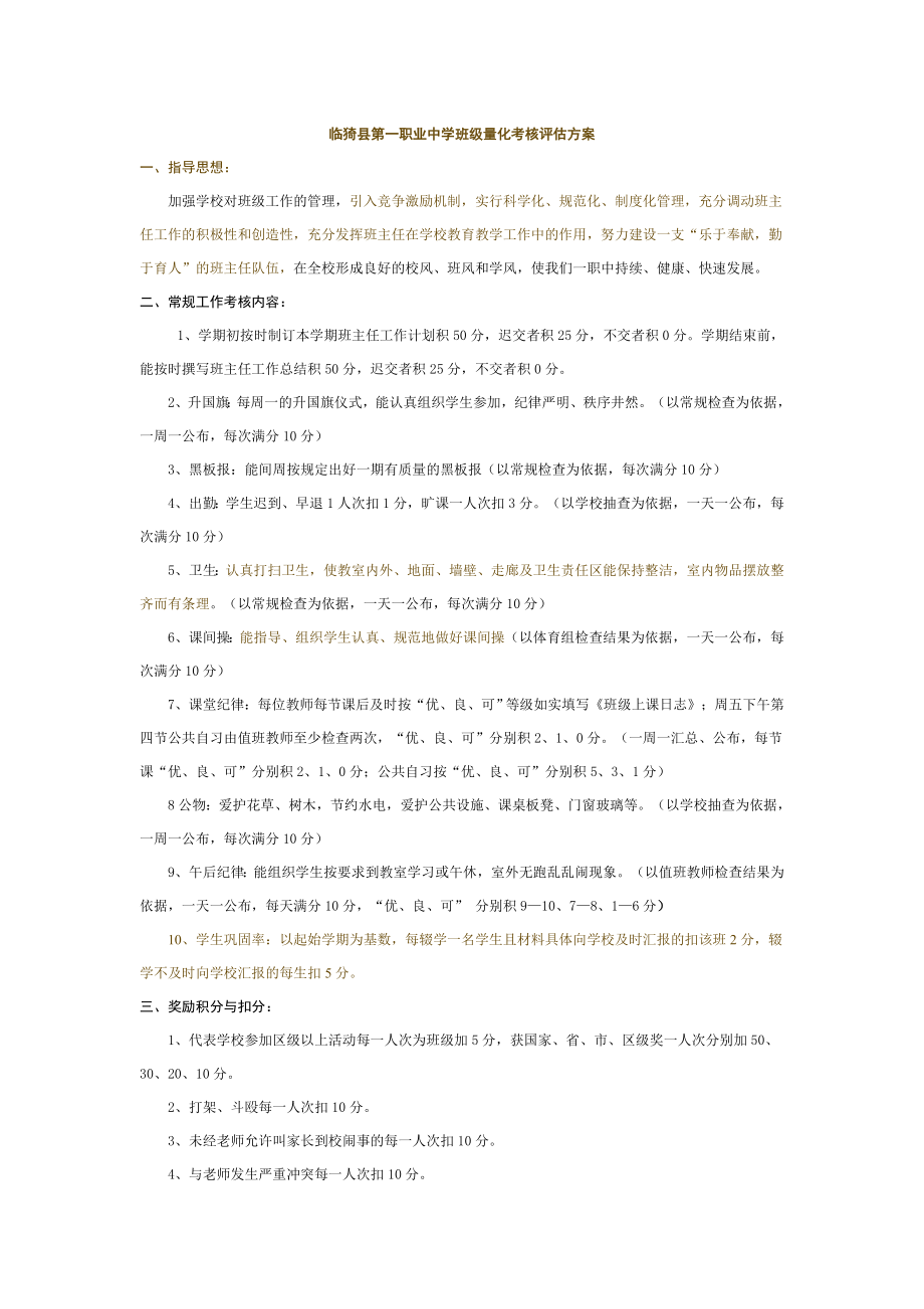临猗县第一职业中学班级量化考核评估方案_第1页