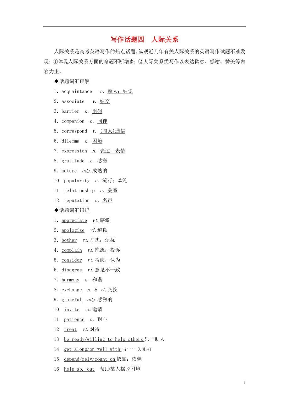 2019版高考英語一輪復習 寫作話題 4 人際關系 新人教版_第1頁