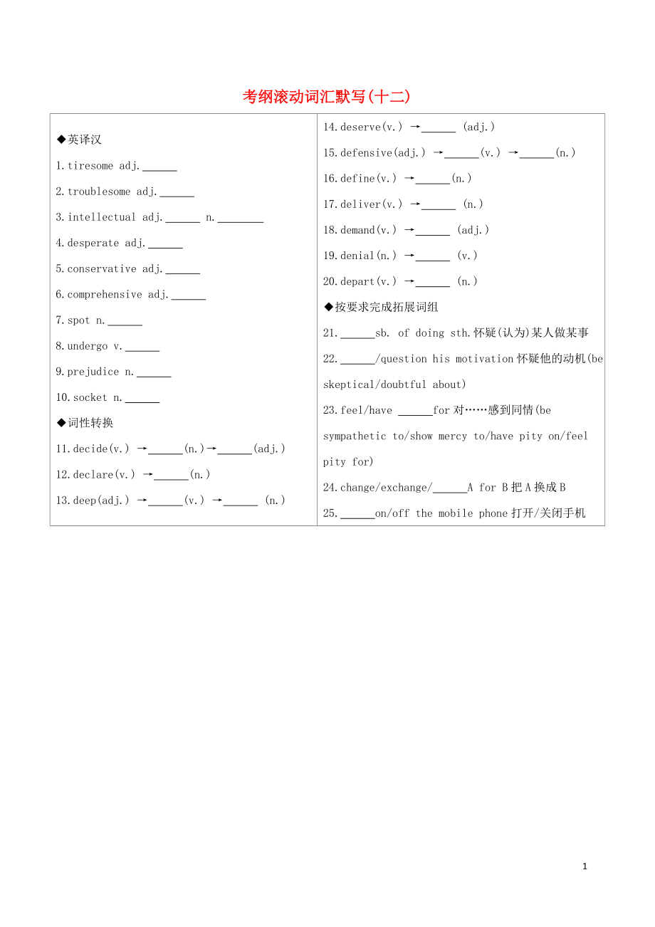 （江蘇專用）2020版高考英語 考前沖刺 第二篇 考前20天滾動詞匯考綱滾動詞匯默寫（十二）學案 新人教版_第1頁