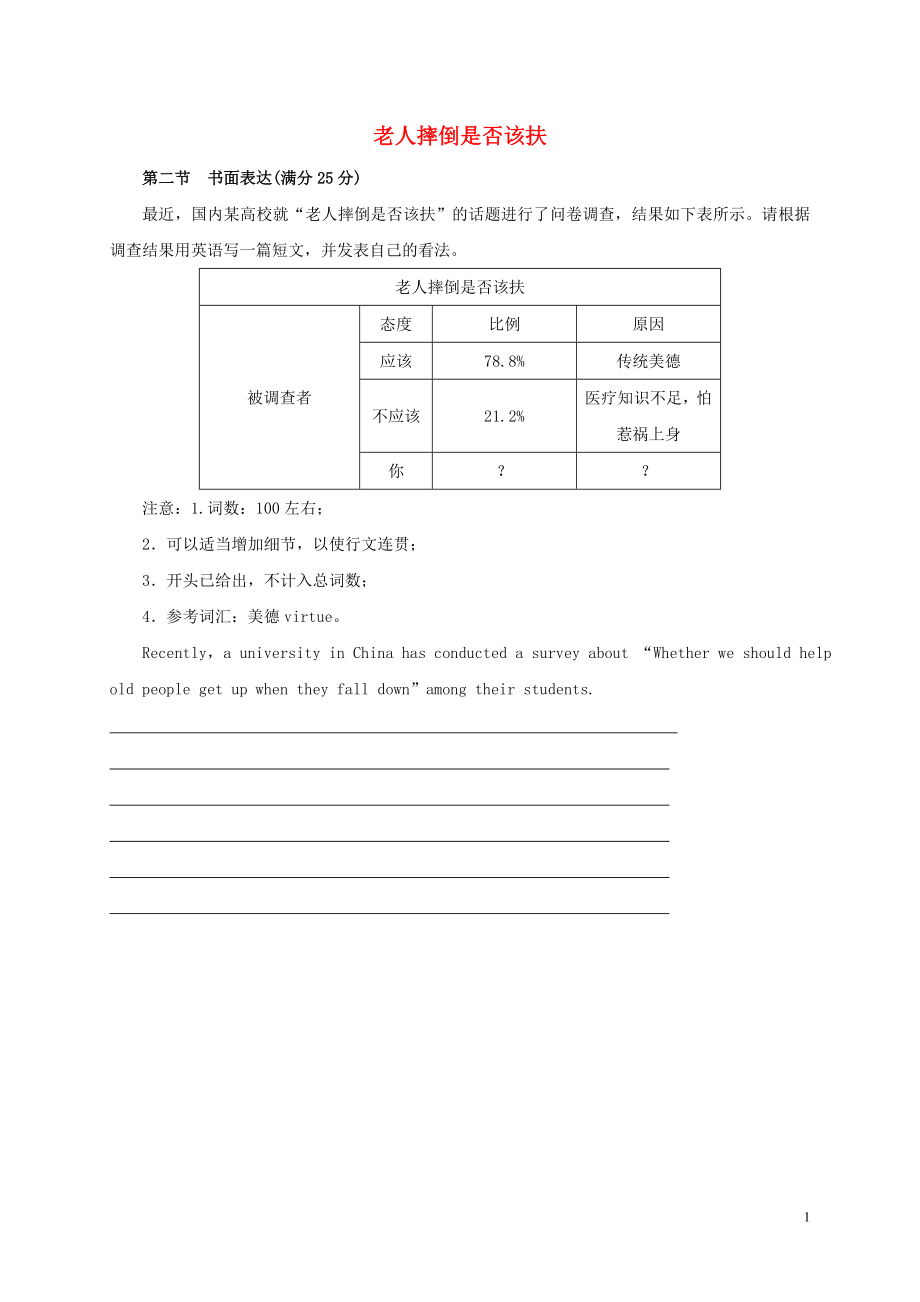 2019高中英語(yǔ) 寫(xiě)作范文 老人摔倒是否該扶（議論文）素材_第1頁(yè)