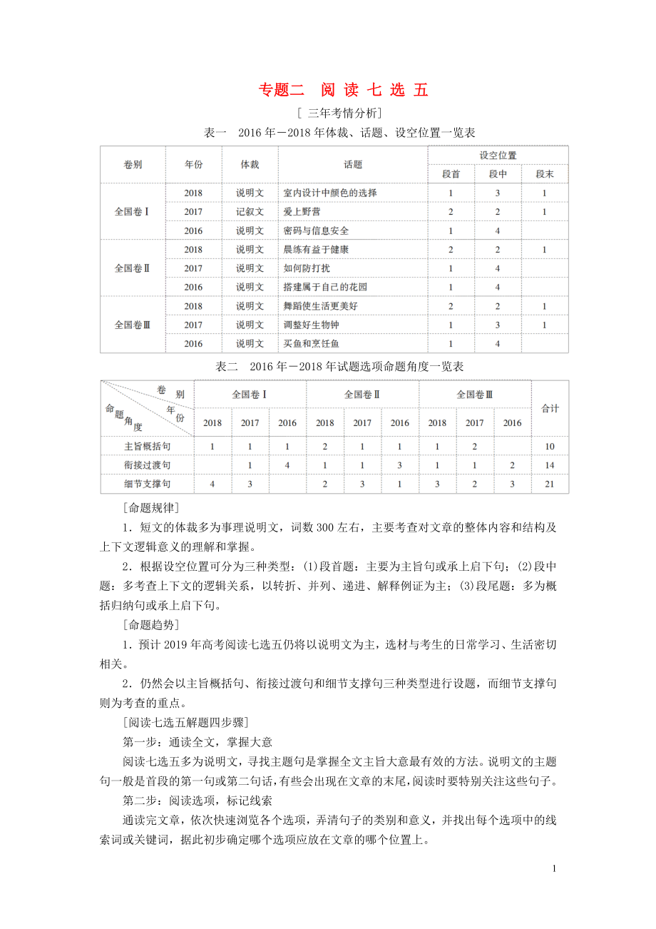 2019版高考英語二輪復(fù)習(xí) 第1板塊 專題2 閱讀七選五學(xué)案（含解析）_第1頁