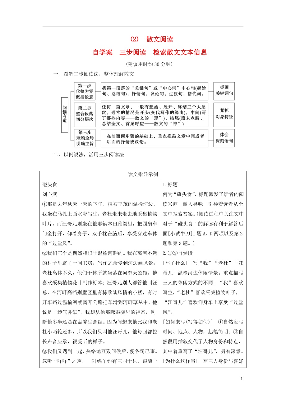 2018年高考語文第二輪復(fù)習(xí) 第一部分 專題二 文學(xué)類文本閱讀（2）散文閱讀自學(xué)案 三步閱讀 檢索散文文本信息_第1頁