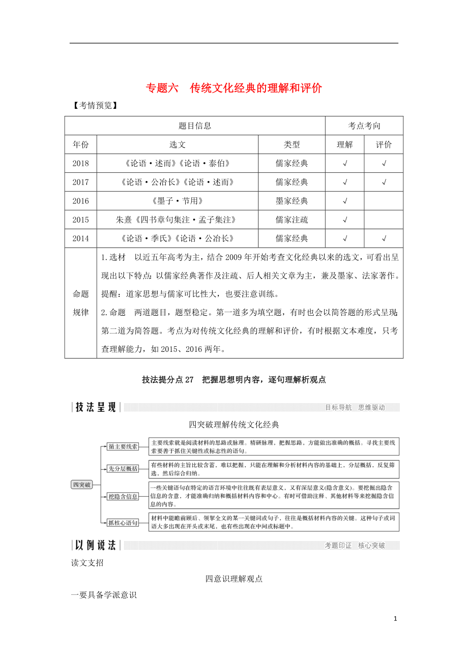 （浙江專用）2019高考語文二輪培優(yōu)第三部分 古代詩文閱讀 專題六 傳統(tǒng)文化經(jīng)典的理解和評價 技法提分點27 把握思想明內(nèi)容逐句理解析觀點_第1頁