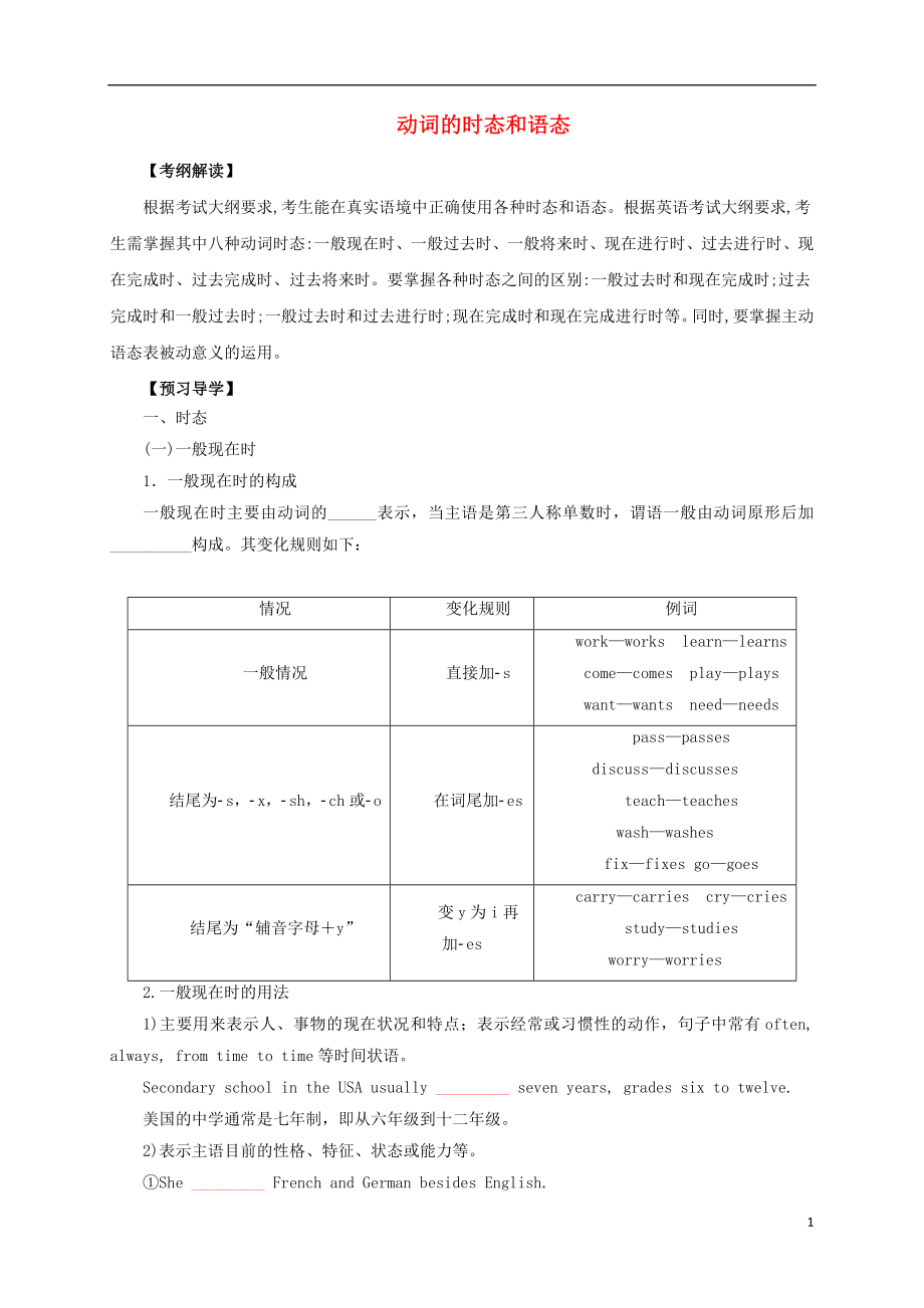 2017届高考英语二轮专题复习 动词的时态和语态导学案_第1页