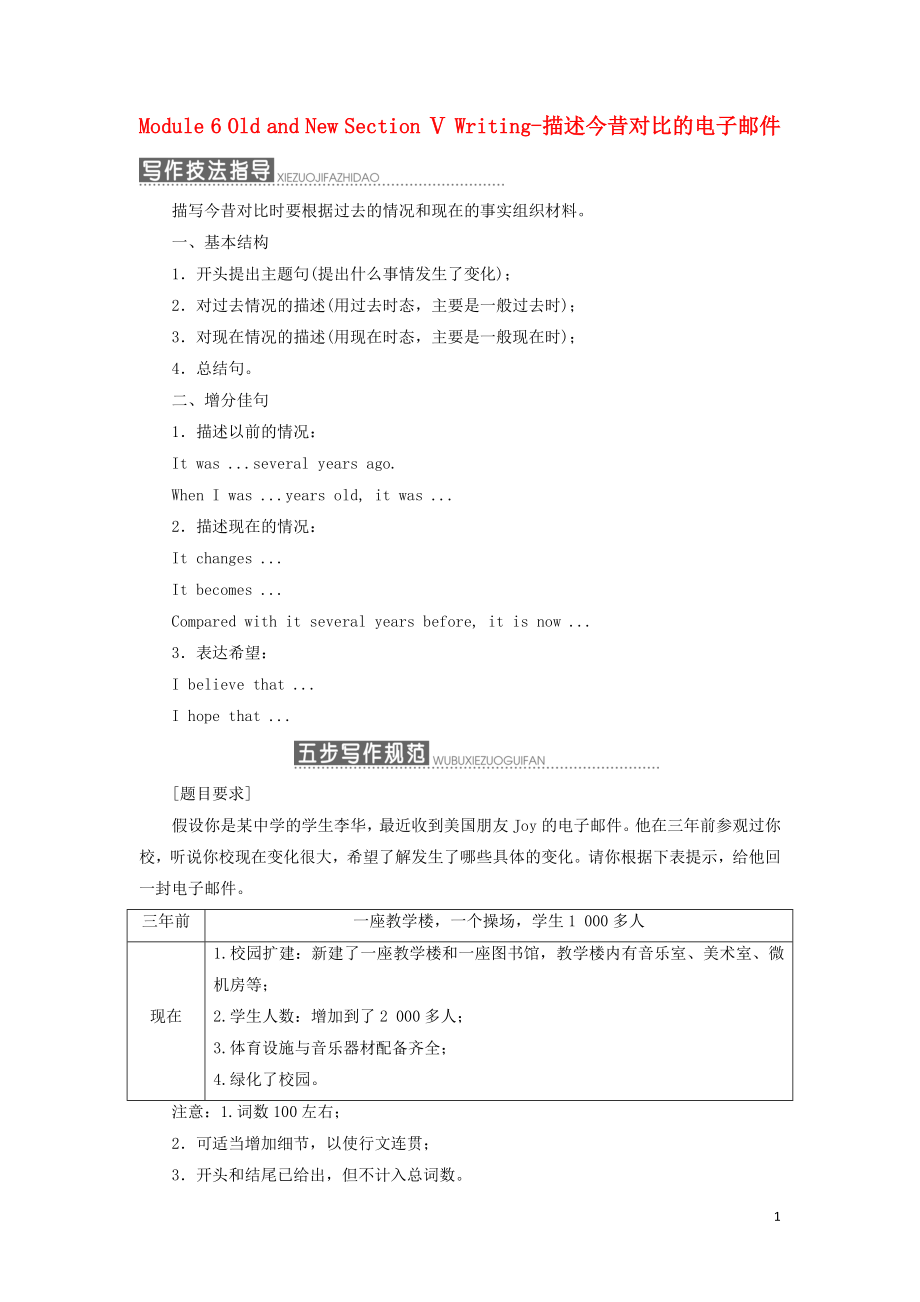 2017-2018學(xué)年高中英語 Module 6 Old and New Section Ⅴ Writing-描述今昔對比的電子郵件教學(xué)案 外研版必修3_第1頁