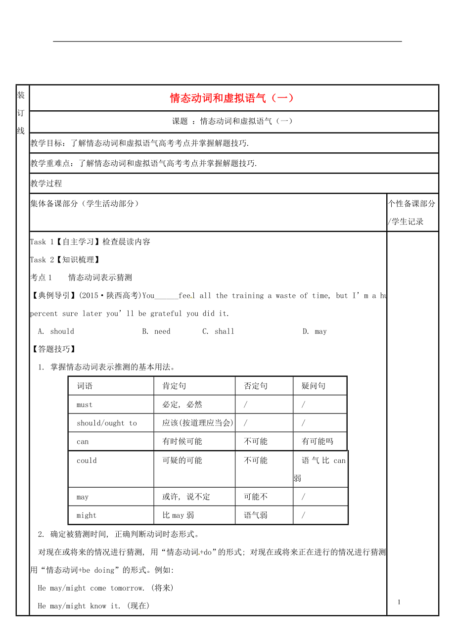 江苏省徐州市铜山县2017届高三英语二轮复习 语法专项七 情态动词和虚拟语气（一）教学案_第1页