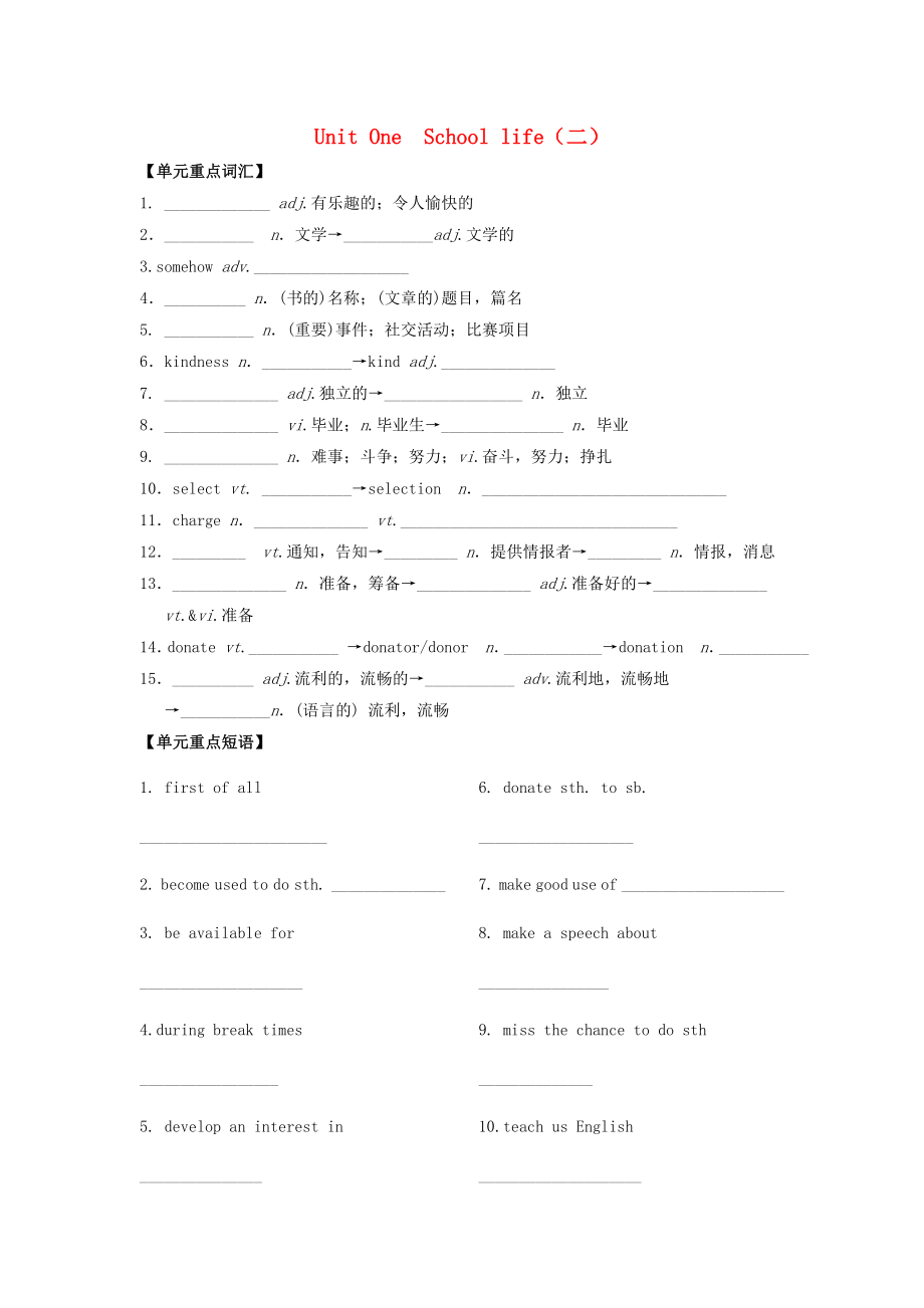 2016屆高考英語(yǔ)一輪復(fù)習(xí) M1 Unit1 School life學(xué)案2（無(wú)答案）牛津譯林版_第1頁(yè)