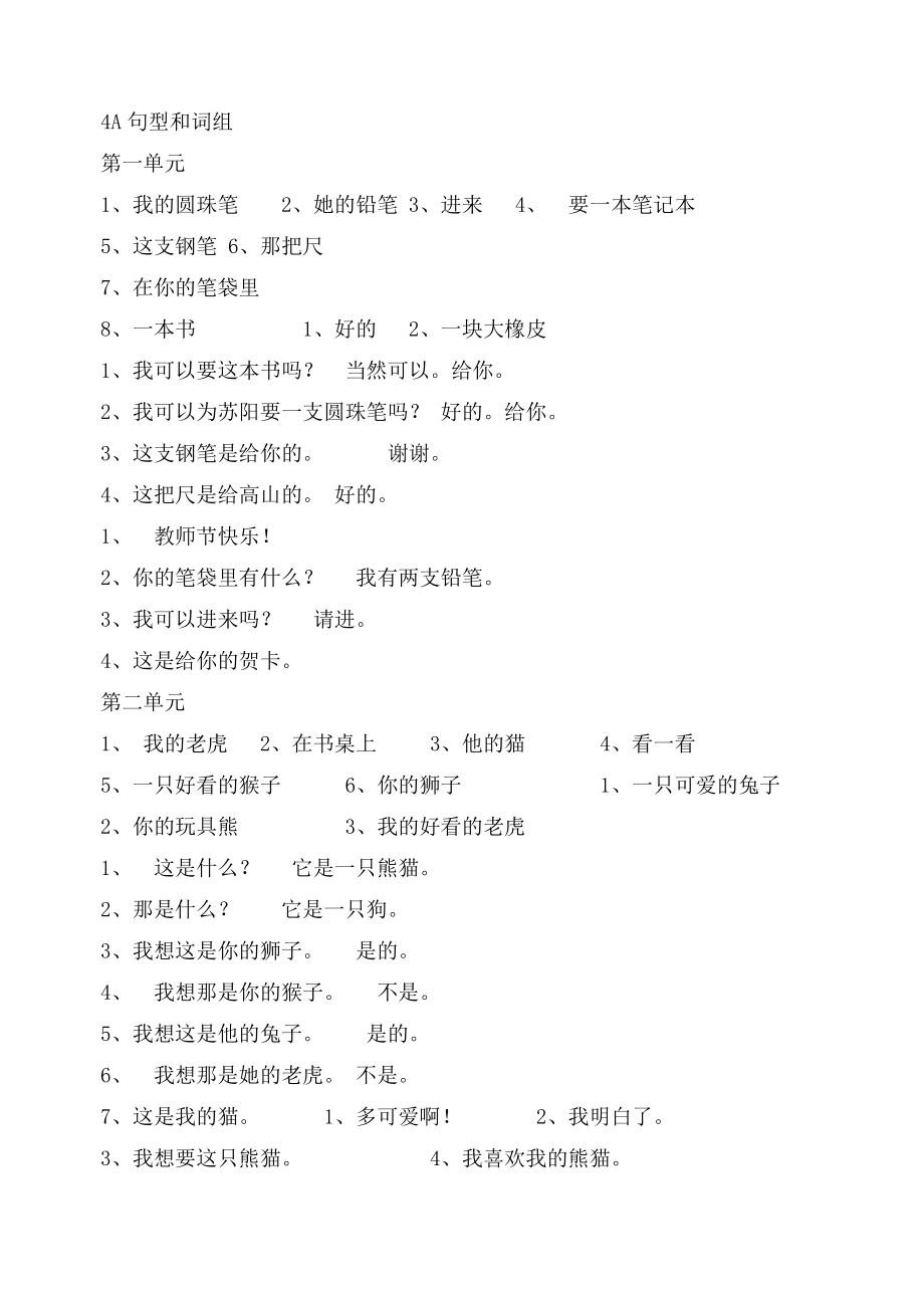 牛津小学英语4A全册词组和句型归类(中文)_第1页