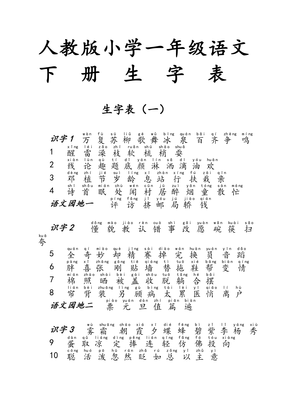 一年级下学期识字表图片