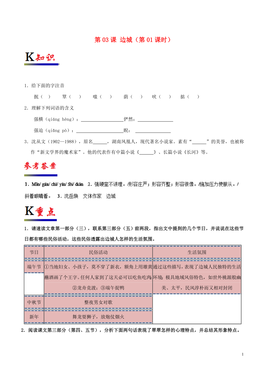 2018-2019學(xué)年高中語文 第03課 邊城（第01課時）（含解析）新人教版必修5_第1頁