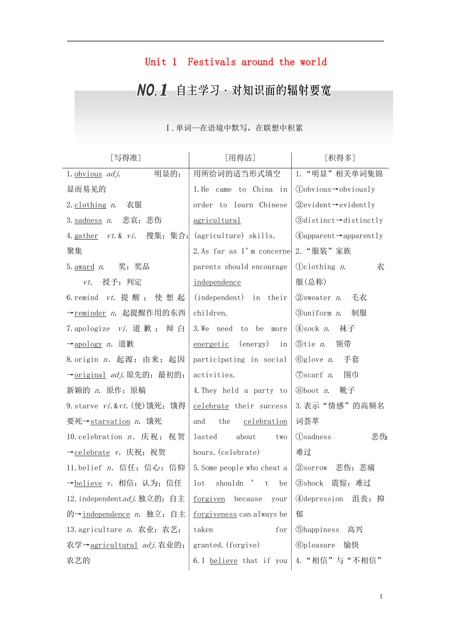 2017届高考英语一轮复习 Unit 1 Festivals around the world导学案 新人教版必修3_第1页