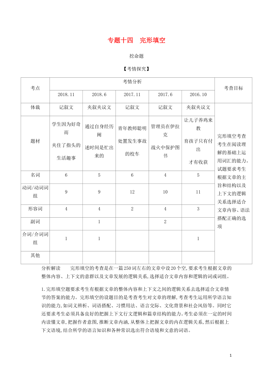 （5年高考3年模擬A版）浙江省2020年高考英語總復(fù)習(xí) 專題十四 完形填空教師用書（含解析）_第1頁