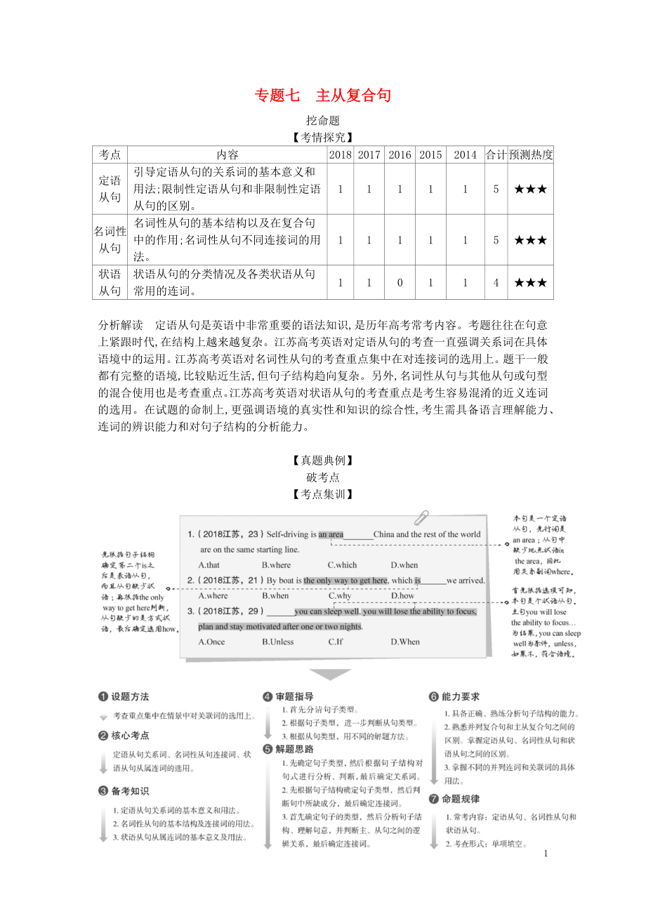 （5年高考3年模擬A版）江蘇省2020年高考英語總復(fù)習(xí) 專題七 主從復(fù)合句學(xué)案（含解析）_第1頁